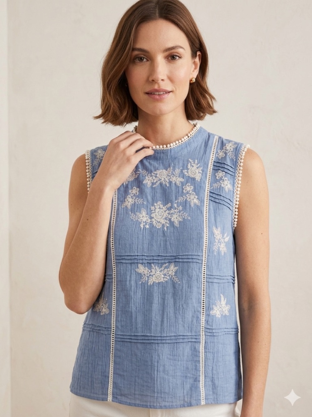 THML Blue Sleeveless Embroidered Cotton-Crinkle Camisole